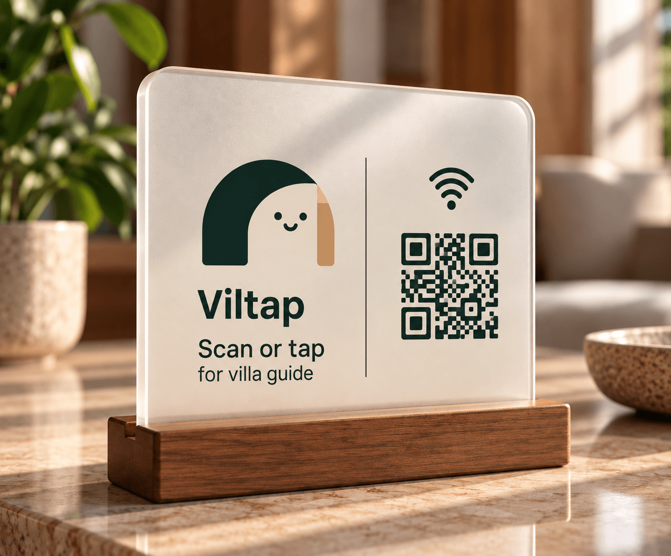Stand akrilik Viltap dengan QR code di meja villa