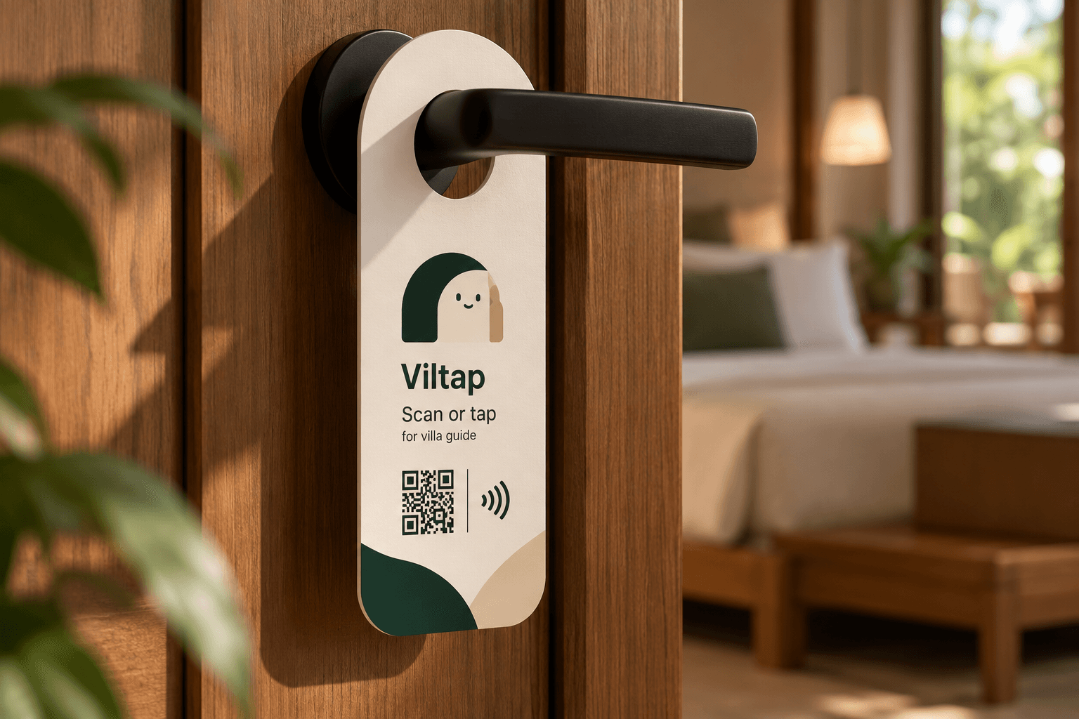 Door hanger Viltap dengan QR dan NFC untuk membuka panduan villa